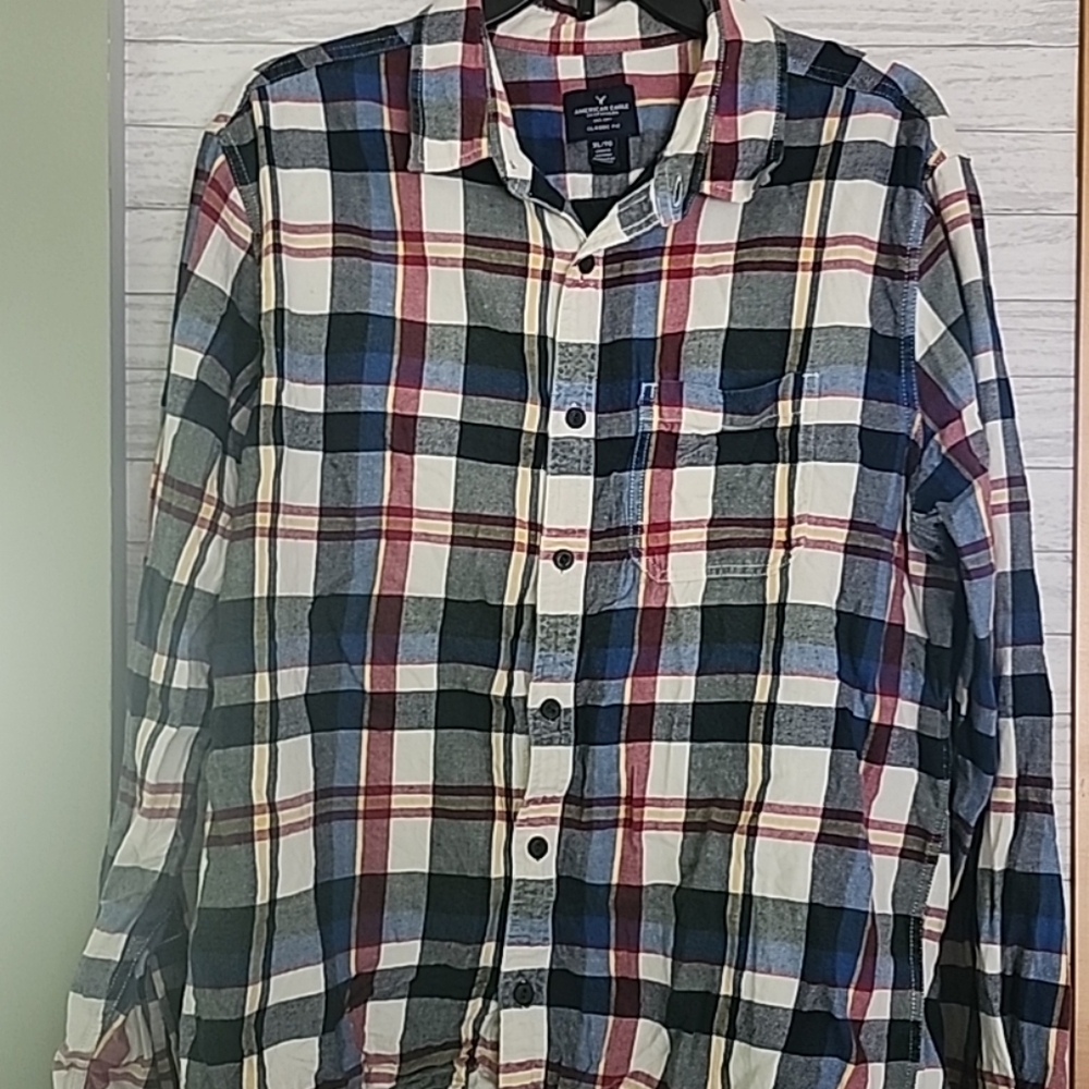 American Eagle Outfitters Red and Blue Casual Button Down Shirt Mens Size XL